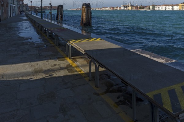 Floodbridges for the annual Aqua Alta on Guidecca Island, Venice, Veneto, Italy