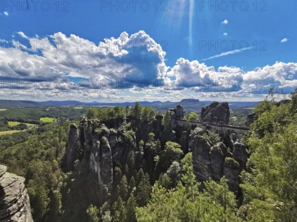 Breathtaking view of the bastion in Saxon Switzerland, rock formations under a clear blue sky