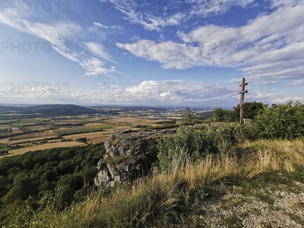 View from Staffel Mountain over the Gottesgarten, with a wooden cross, Upper Franconia