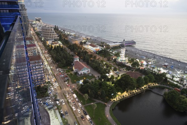Batumi, Georgia. July 21st 2025. Aerial panoramic view of Batumi Black Sea coast and Sherif Khimshiashvili Street, lined with holiday hotels and rental apartments and tourist entertainment