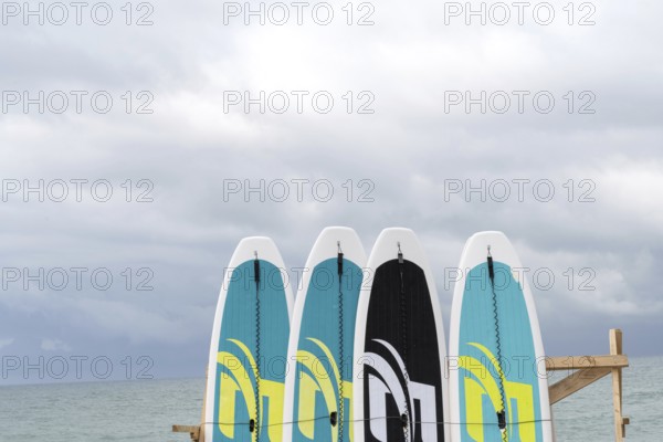 Batumi, Georgia. July 21st 2025. Surfboards waiting to be hired by tourists on the beach in Batumi on the Black Sea coast of Georgia