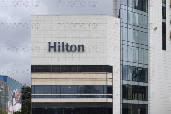 Batumi, Georgia. July 21st 2025. The Hilton brand sign outside the seafront hotel in Batumi, on the Black Sea coast of Georgia