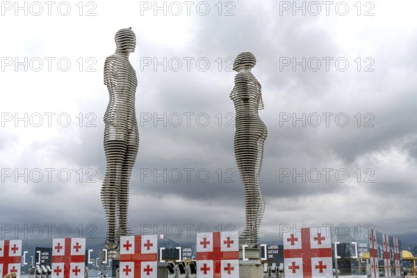 Batumi, Georgia. July 21st 2025. Landmark of Ali and Nino, a moving sculpture in Batumi Boulevard, one of the attractions of Georgia's Black Sea resort, created by Georgian artist and Tamar Kvesitadze, the art work is inspired by the novel Ali and Nino
