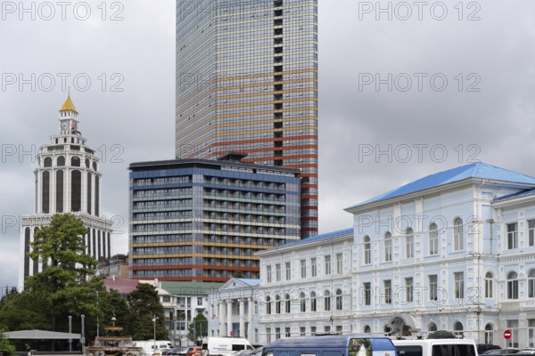 Batumi, Georgia. July 21st 2025. Old traditional style Georgian architecture and modern skyscraper apartment buildings in Batumi on the Black Sea coast of Georgia