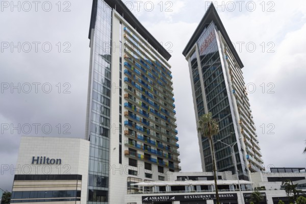 Batumi, Georgia. July 21st 2025. The Hilton and Marriott high-rise hotel and residence apartment buildings on the seafront at Batumi on the Black Sea coast of Georgia