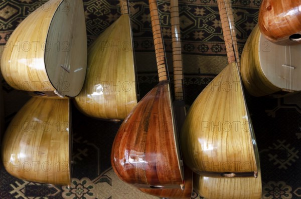 Adana, Turkey. June 9th 2014 Traditional Saz or Baglama a stringed musical instrument similar to the Lute for sale in an Adana Music shop, Anatolia, Turkey