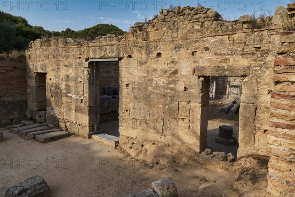 Kladeos Baths, ruins of an old building with open wall openings, archaeological site, Ancient Olympia, Olympia, Peloponnese, Greece