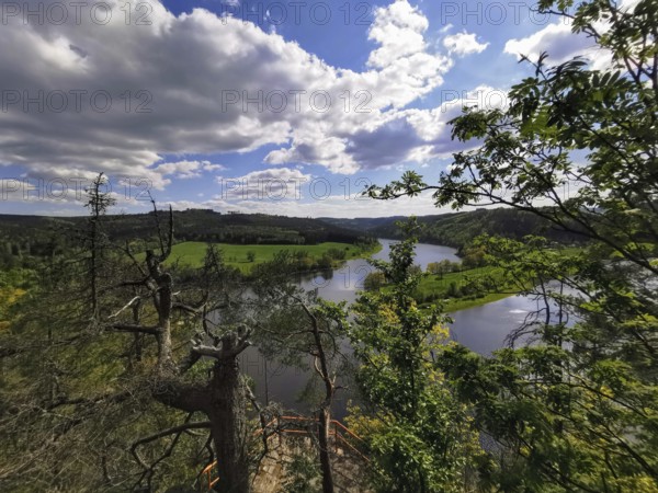 Extensive view of a river and forest from a viewpoint under a blue sky, hiking in the Thuringian Forest nature park Park