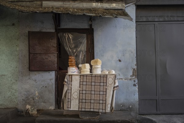 Small street stall shop selling local Georgian homemade cheese, Tbilisi, Georgia