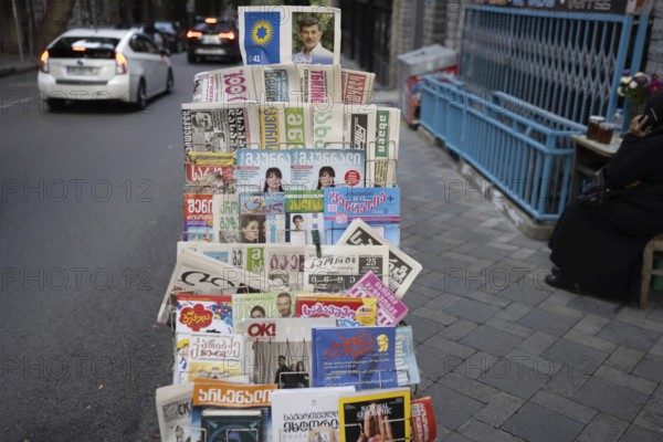 Tbilisi, Georgia. September 16th 2025. Georgian newspapers and magazines for sale at a street stall in Tbilisi, Capital of Georgia