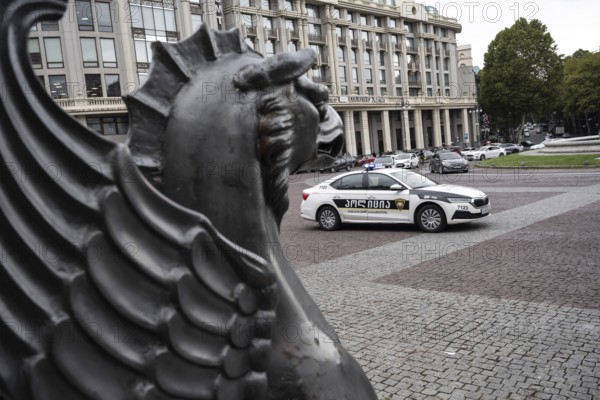 Tbilisi, Georgia. September 15th 2025. A Georgian police car on patrol in Freedom Square near Rustaveli Avenue in the center of Tbilisi, capital of Georgia