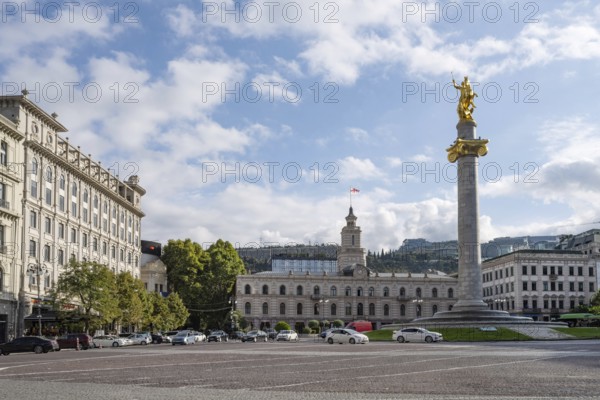 Tbilisi, Georgia. September 9th 2025 Freedom Square or Liberty Square and its iconic statue of George and the Dragon in the city center of Tbilisi, capital of Georgia