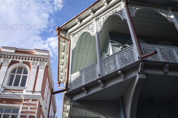 Tbilisi, Georgia. September 12th 2025. Traditional Georgian style wooden balconies of restored houses in Tbilisi Old Town, Georgia