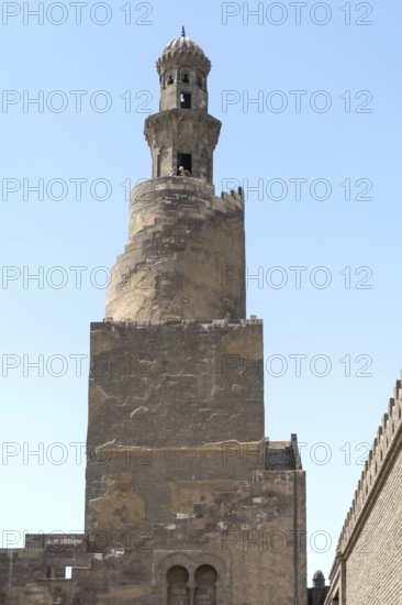 Cairo, Egypt. April 16th 2025. Tourists climb the Spiral Tulunid Dynasty Minaret of Ibn Tulun Mosque in Cairo, one of the oldest mosques in Egypt
