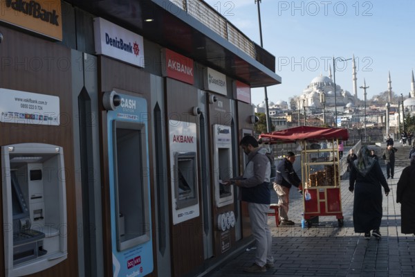 Istanbul, Turkey 10th January 2025 A row of Turkish bank ATM machines in the Eminonu district of Istanbul, Turkey