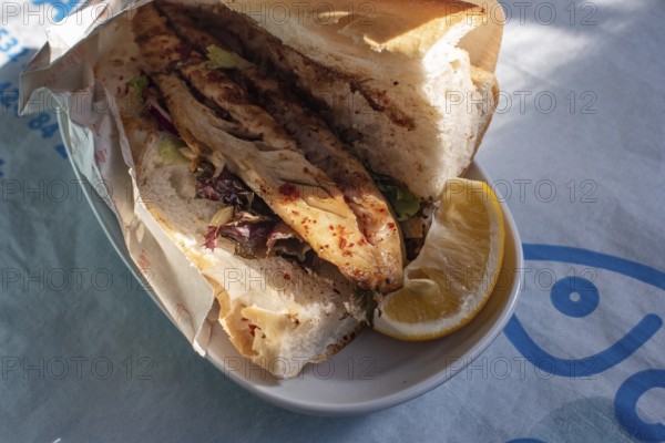 Balik ekmek is a common street food item in Turkish cuisine. It is a sandwich of a filet of fried or grilled fish served along with various vegetables, typically bought from street stalls or boats alongside the Golden Horn or Bosporus, Istanbul, Turkey