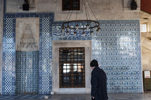 Istanbul, Turkey. January 3rd 2025. The stunning blue ceramic tiles of the 16th Century Rustem Pasha Mosque built by Ottoman architect Mimar Sinan, Eminonu, Istanbul, Turkey