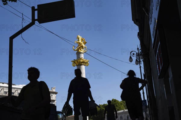 Tbilisi, Georgia. August 13th 2025. Freedom Square or Liberty Square and its iconic statue of George and the Dragon in the city center of Tbilisi, capital of Georgia
