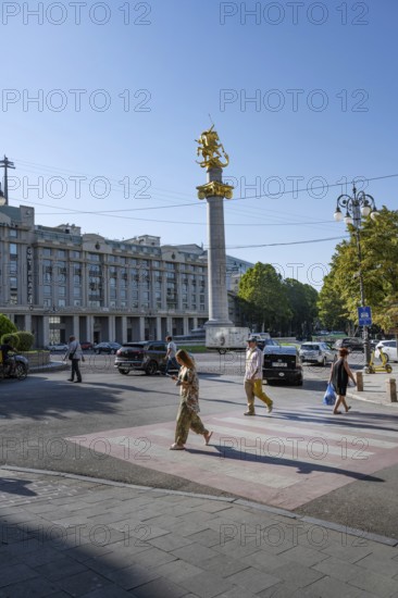 Tbilisi, Georgia. August 19th 2025. Freedom Square or Liberty Square and its iconic statue of George and the Dragon in the city center of Tbilisi, capital of Georgia