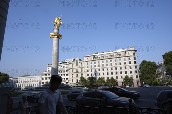Tbilisi, Georgia. July 29th 2025. Freedom Square or Liberty Square and its iconic statue of George and the Dragon in the city center of Tbilisi, capital of Georgia