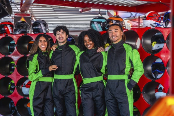 Happy diverse friends smiling, wearing green racing suits, standing together in a karting facility with helmets stored in the background, sharing a fun and exciting racing experience