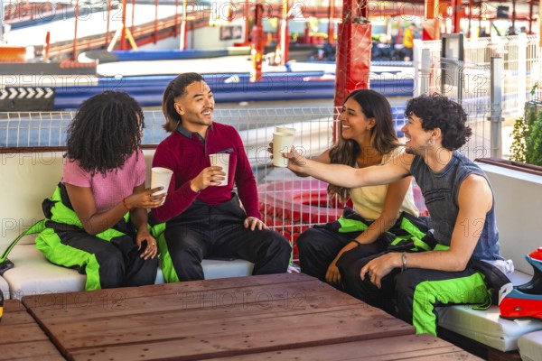 Group of diverse young adults wearing racing suits sitting on a couch, laughing and toasting each other with drinks at a karting track, enjoying a fun leisure activity together