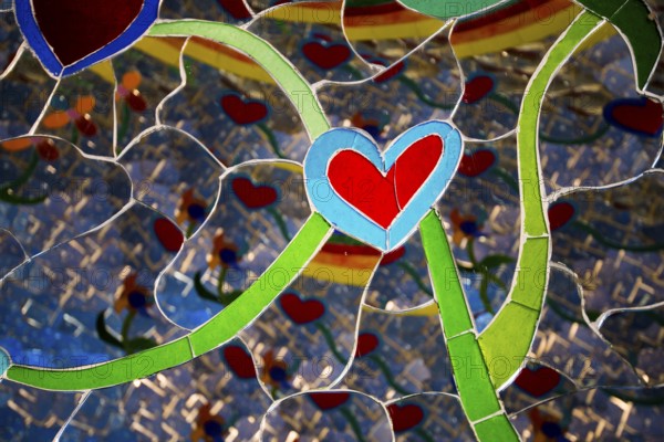 Colourful hearts made of glass and mirrors, Giardino dei Tarot, by Niki de Saint Phalle, near Capalbio, Grosseto Province, Tuscany, Italy