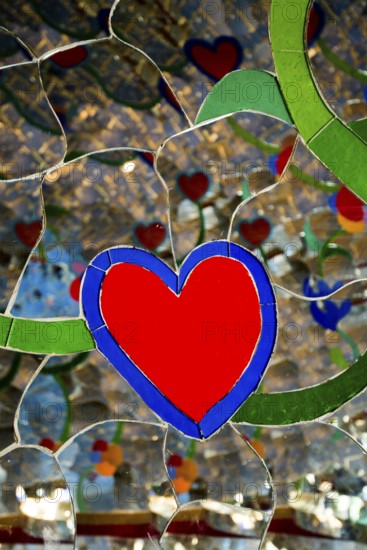 Colourful hearts made of glass and mirrors, Giardino dei Tarot, by Niki de Saint Phalle, near Capalbio, Grosseto Province, Tuscany, Italy