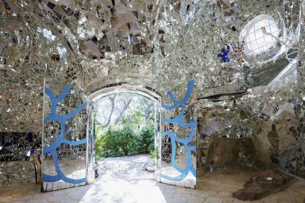 Living room made of glass and mirrors, Giardino dei Tarocchi, Tarot Garden, by Niki de Saint Phalle, near Capalbio, Province of Grosseto, Tuscany, Italy