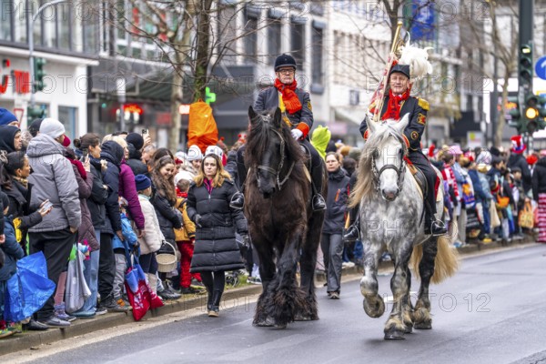 Rose Monday procession in Düsseldorf, group of horses at the street carnival, sometimes heavy rain, North Rhine-Westphalia, Germany