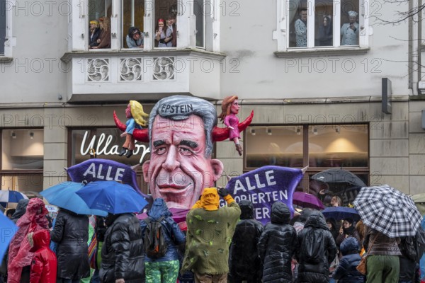 Rose Monday procession in Düsseldorf, theme car by wagon manufacturer Jacques Tilly, Epstein files scandal, victims are ignored, perpetrators protected, North Rhine-Westphalia, Germany