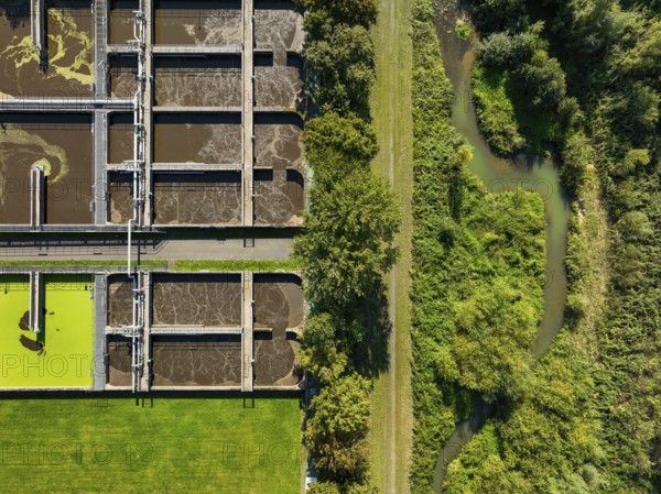 Datteln, North Rhine-Westphalia, Germany - Wastewater treatment at the Datteln sewage treatment plant, KLA Dattelner Mühlenbach, right Dattelner Mühlenbach