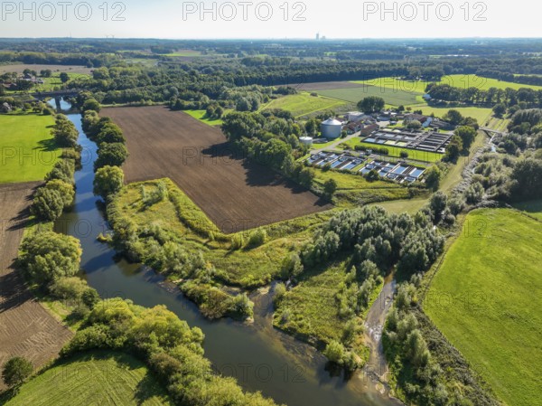 Datteln, North Rhine-Westphalia, Germany - Lippe landscape, wastewater treatment in the Datteln sewage treatment plant, KLA Dattelner Mühlenbach, right Dattelner Mühlenbach, in front of the restored Lippe river