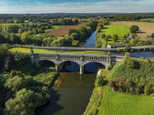 Olfen, North Rhine-Westphalia, Germany - Lippe, in front historic canal bridge Lippe Alte Fahrt, former Dortmund-Ems Canal (DEK), behind left KLA Dattelner Mühlenbach