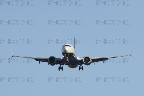 Boeing 737 commercial passenger airliner jet aircraft of Ryanair airways in flight on approach to land at London Stansted airport, Essex, England, United Kingdom