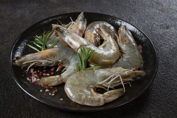 Fresh raw white-footed shrimp, tiger prawns vannamei, on a black plate, with spices and herbs