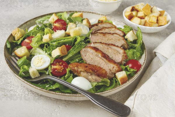 Caesar salad, with duck breast, on a light plate, on a light background, homemade, no people