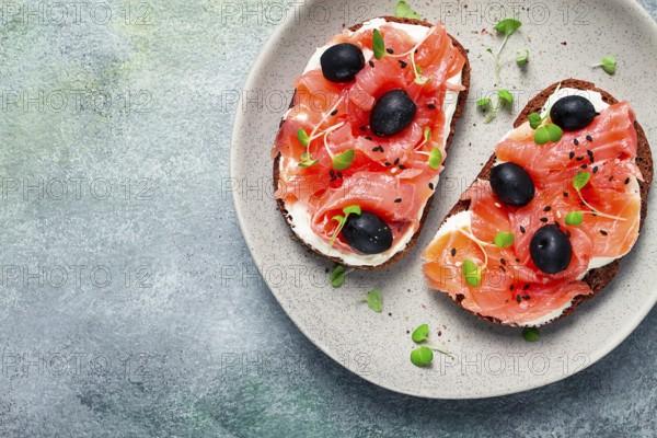 Sandwiches with red fish, cream cheese, olives and microgreens, breakfast