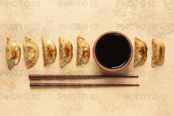 Japanese fried dumplings, gyoza, sesame seeds, top view, no people