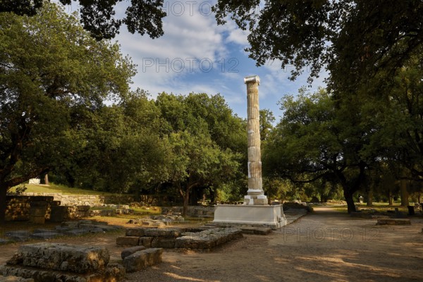 Column of the NikAntique Column in a wooded landscape of ruins under a blue sky, Archaeological Site, Ancient Olympia, Olympia, Peloponnese, Greece
