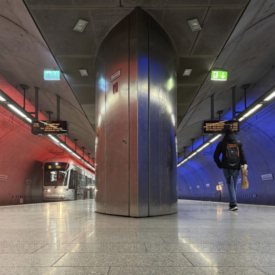 Illuminated subway station Bochumer Verein und Jahrhunderthalle, Bochum, Ruhr area, North Rhine-Westphalia, Germany