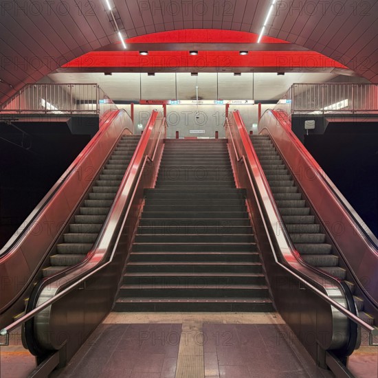 Artistically designed Lohring subway station with stairs and escalators, Bochum, North Rhine-Westphalia, Germany