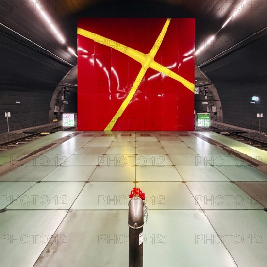 Lohring subway station with red enamelled wall with a painted light cross by Eva-Maria Jöressen, Bochum, North Rhine-Westphalia, Germany