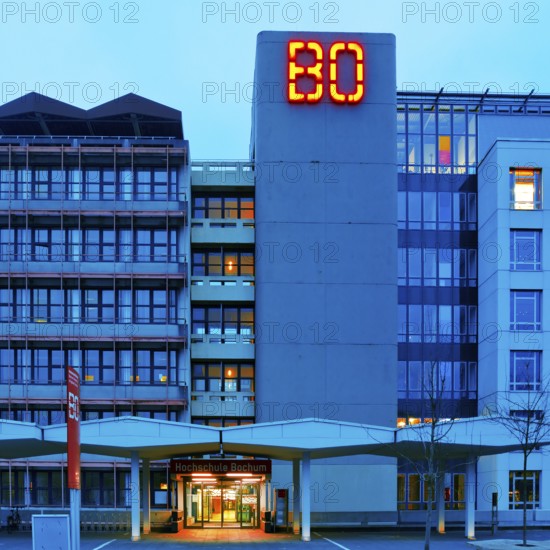 Main building of Bochum University with red BO logo in the evening, Central Campus, Bochum, Ruhr area, North Rhine-Westphalia, Germany