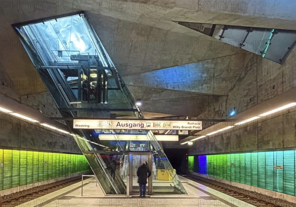 Rathaus Süd light rail station with glazed inclined lift, column-free subway station with a folding ceiling, Bochum, Ruhr area, North Rhine-Westphalia, Germany