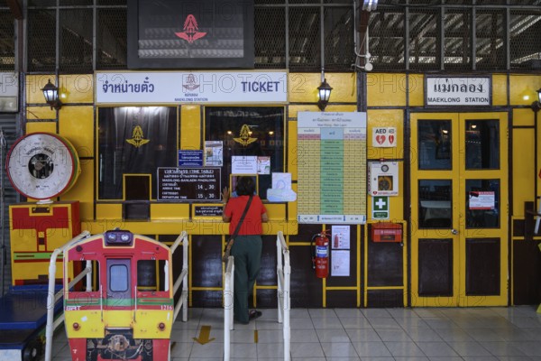 Mae Klong, Thailand. March 15th 2025. The train ticket office at the Maeklong Railway station in Samut Songkhram province of Thailand