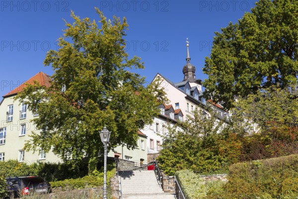 Houses on Altmarkt, St. Christophori church in the background, Hohenstein-Ernstthal, Saxony, Germany