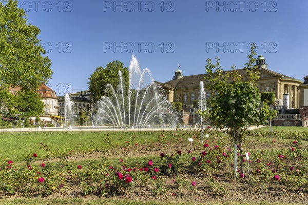 Fountain in the Rosengarten and the Regent Building in the Bad Kissingen State Bath, Lower Franconia, Bavaria, Germany