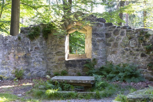 Romantic ruin of the Barbara Chapel in the Dippoldiswald Heath, Saxony, Germany