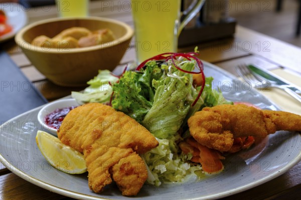 Styrian fried chicken salad, salad with fried chicken and pumpkin seeds, food, Achenkirch, Tyrol, Austria